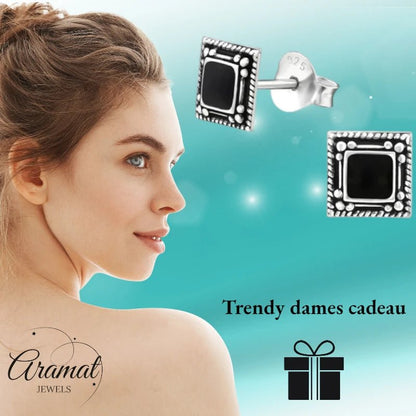 Oorstekers – 925 Zilver Bali Oorbellen Vierkant Zwart Emaille 6mm Geoxideerd - Aramat Jewels - Oorbellen - cadeautip