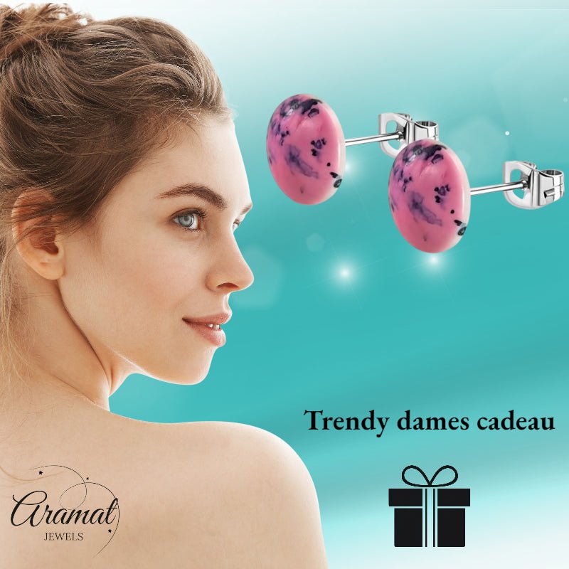Oorstekers – RVS Roze Marmerlook Rond (12mm) - Aramat Jewels - Oorbellen - cadeautip