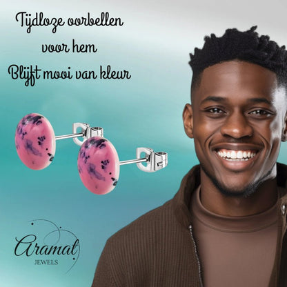 Oorstekers – RVS Roze Marmerlook Rond (12mm) - Aramat Jewels - Oorbellen - cadeautip