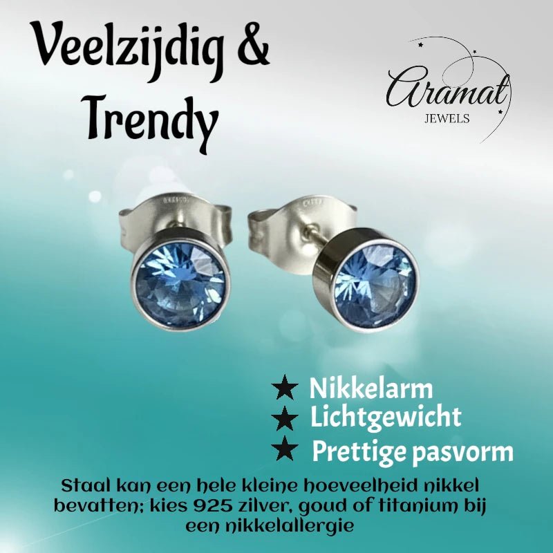 Oorstekers – Staal Kristal Blauw Zilverkleur (5mm) - Aramat Jewels - Oorbellen - cadeautip