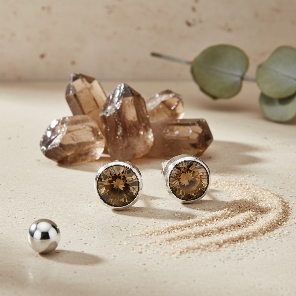 Oorstekers – Staal Kristal Bruin Zilverkleur (8mm)