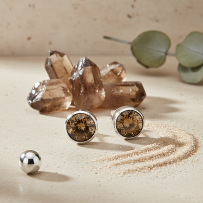 Oorstekers – Staal Kristal Bruin Zilverkleur (8mm)