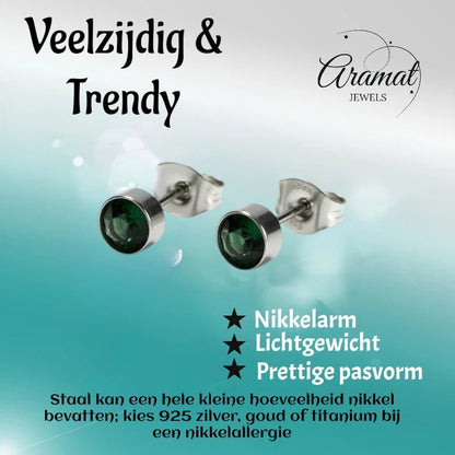 Oorstekers – Staal Kristal Donker Groen Zilverkleur (5mm) - Aramat Jewels - Oorbellen - cadeautip