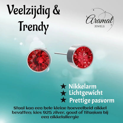 Oorstekers – Staal Kristal Rood Zilverkleur (6mm) - Aramat Jewels - Oorbellen - cadeautip