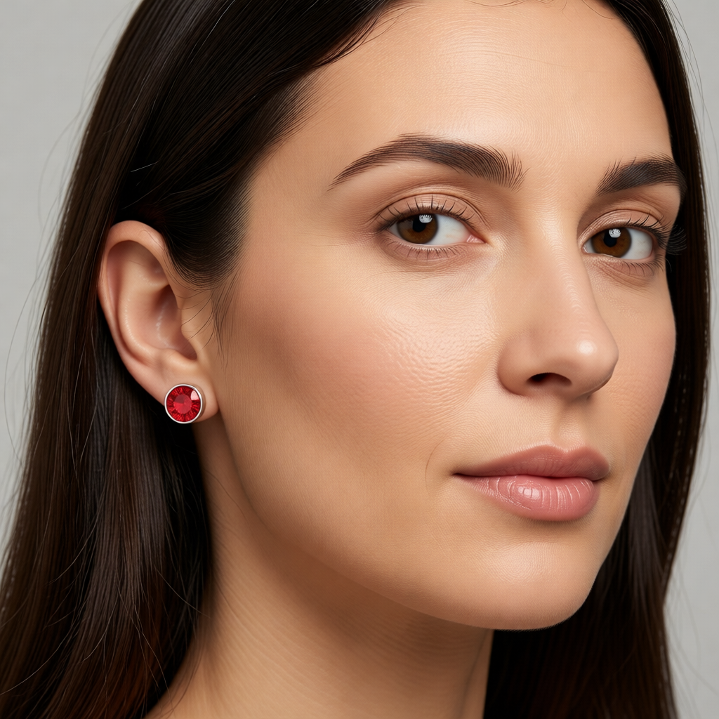 Boucles d'oreilles puces – Acier cristal rouge argenté (6 mm) 