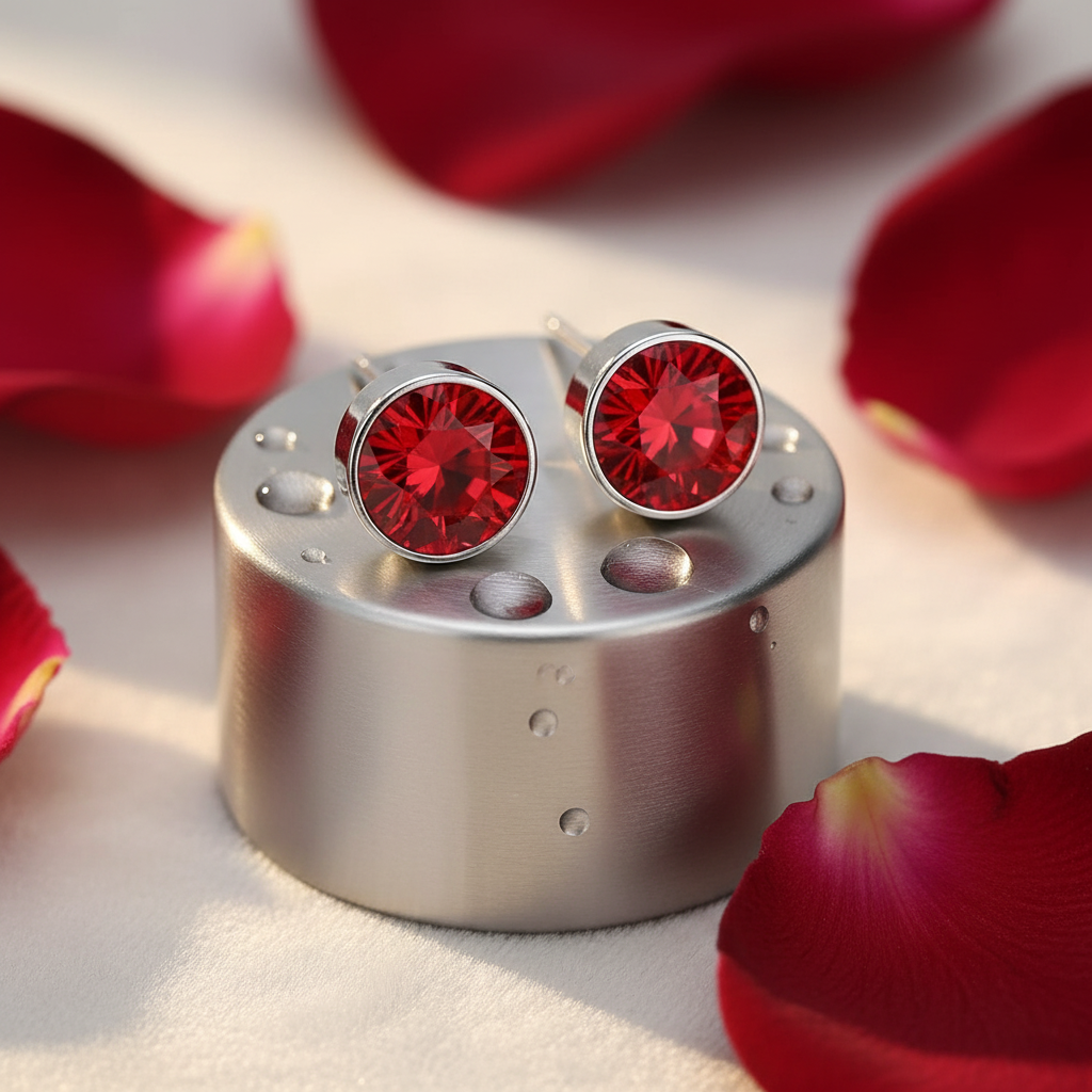 Boucles d'oreilles puces – Acier cristal rouge argenté (6 mm) 