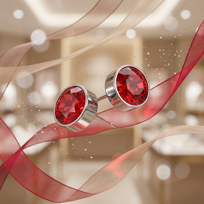 Boucles d'oreilles puces – Acier cristal rouge argenté (6 mm) 