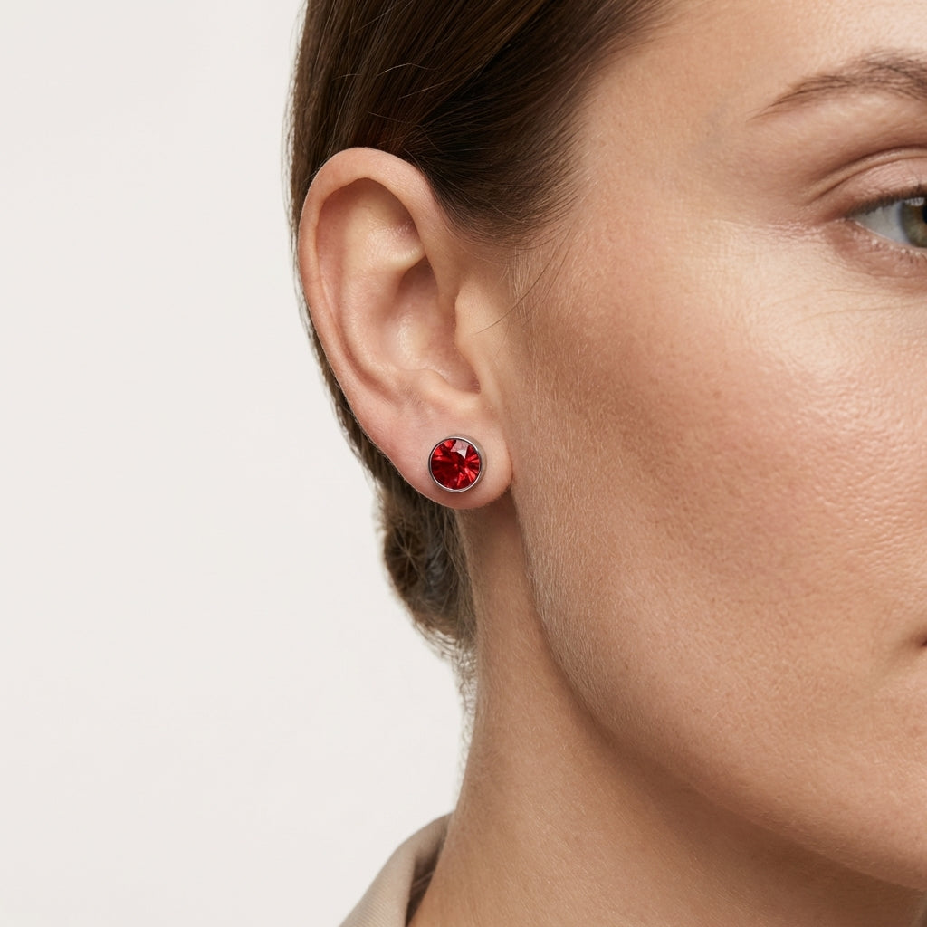 Boucles d'oreilles puces – Acier cristal rouge argenté (6 mm) 