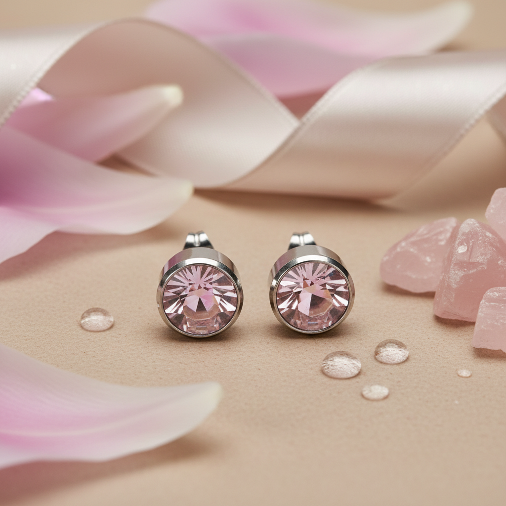 Oorstekers – Staal Kristal Roze Zilverkleur (10mm)