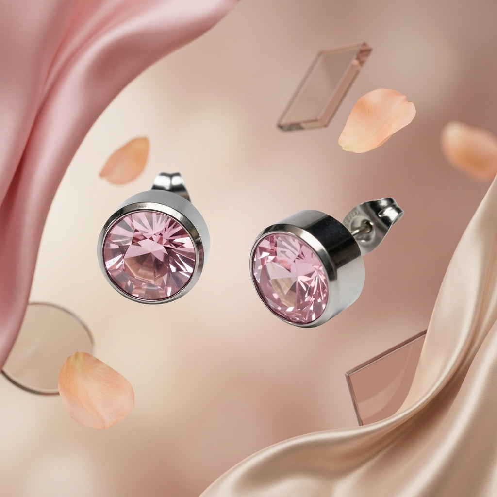 Oorstekers – Staal Kristal Roze Zilverkleur (10mm)