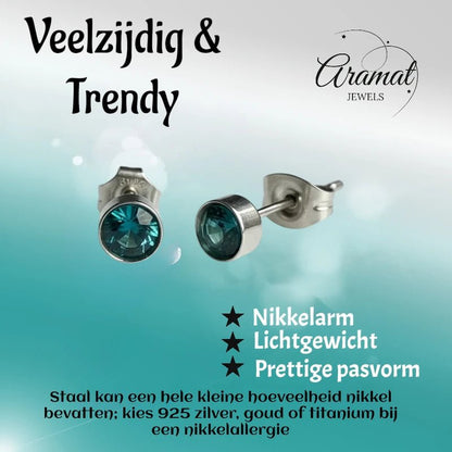 Oorstekers – Staal Kristal Zeeblauw Zilverkleur (5mm) - Aramat Jewels - Oorbellen - cadeautip