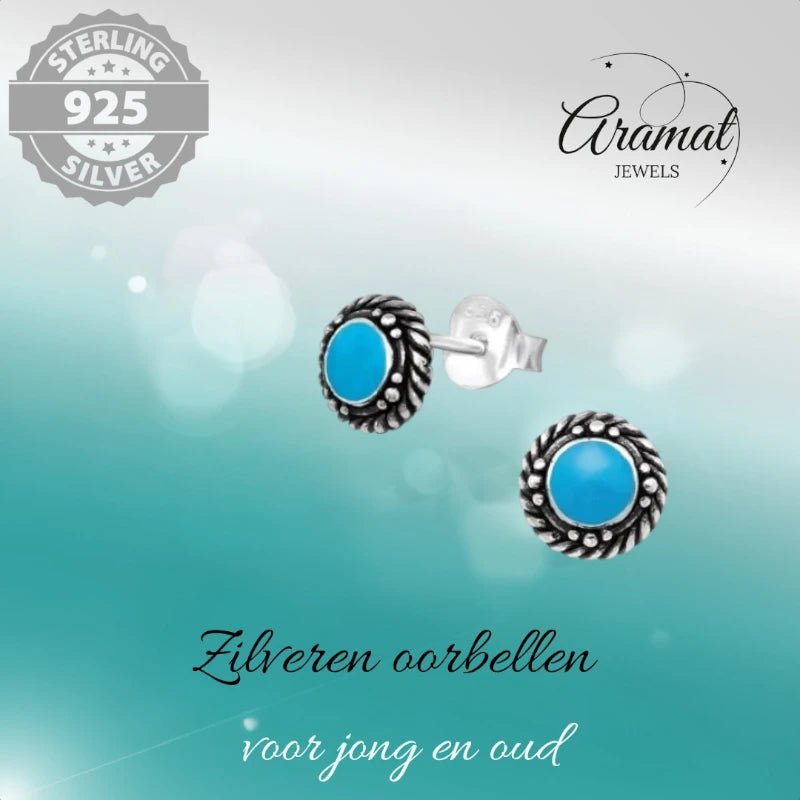 Oorstekers – Sterling Zilver Bali Etnisch Blauw Emaille 6mm Rond Geoxideerd - Aramat Jewels - Oorbellen - cadeautip