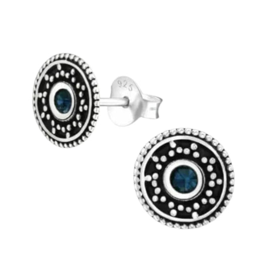 Oorstekers – Sterling Zilver Bali Etnisch Donker Blauw Kristal 9mm Rond Geoxideerd - Aramat Jewels - Oorbellen - cadeautip