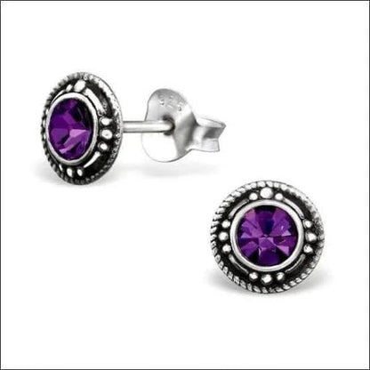 925 Zilveren Bali oorstekers 7mm met paars kristal, etnisch design, hypoallergeen voor dames.