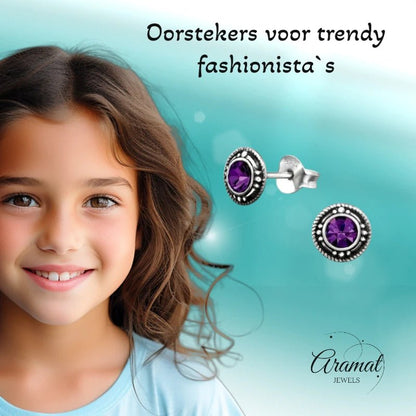 Zilveren studs Bali stijl 7mm paars, traditionele sieraden voor dagelijks gebruik.