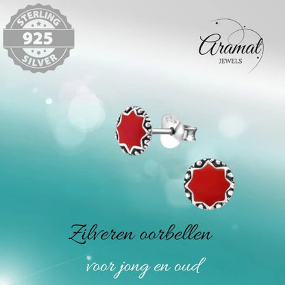 Oorstekers – Sterling Zilver Bali Etnisch Rood Emaille 6mm Rond Geoxideerd - Aramat Jewels - Oorbellen - cadeautip