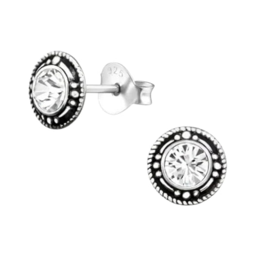 Oorstekers – Sterling Zilver Bali Etnisch Transparant Kristal 7mm Rond Geoxideerd - Aramat Jewels - Oorbellen - cadeautip