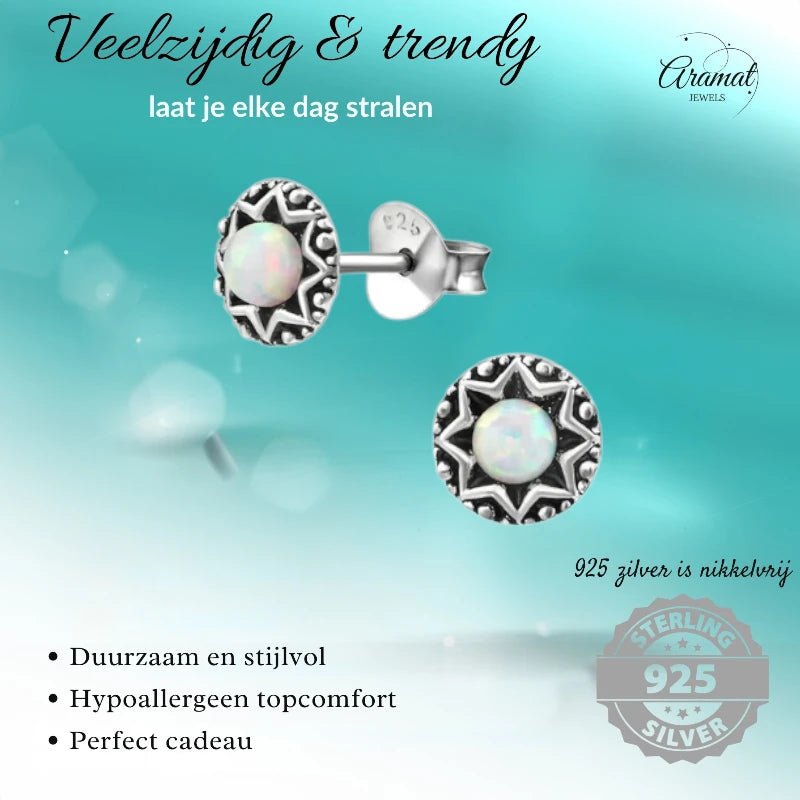 Oorstekers – Sterling Zilver Bali Etnisch Wit Opaal 6mm Rond Geoxideerd - Aramat Jewels - Oorbellen - cadeautip