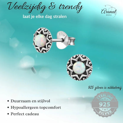 Oorstekers – Sterling Zilver Bali Etnisch Wit Opaal 6mm Rond Geoxideerd - Aramat Jewels - Oorbellen - cadeautip