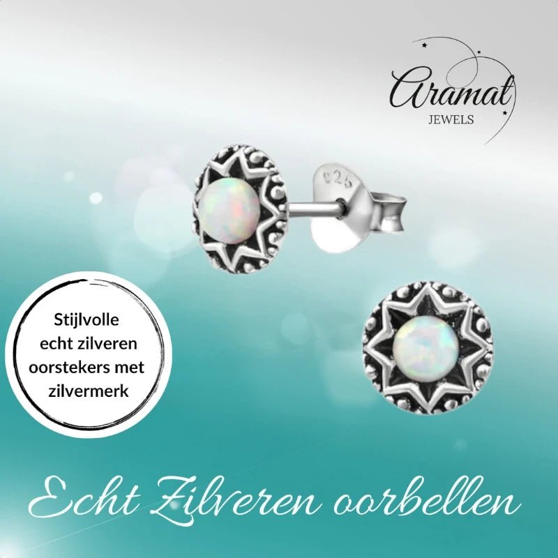 Oorstekers – Sterling Zilver Bali Etnisch Wit Opaal 6mm Rond Geoxideerd - Aramat Jewels - Oorbellen - cadeautip