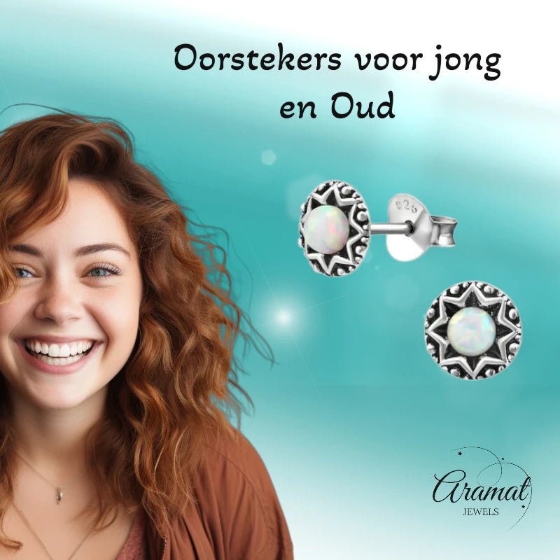 Oorstekers – Sterling Zilver Bali Etnisch Wit Opaal 6mm Rond Geoxideerd - Aramat Jewels - Oorbellen - cadeautip