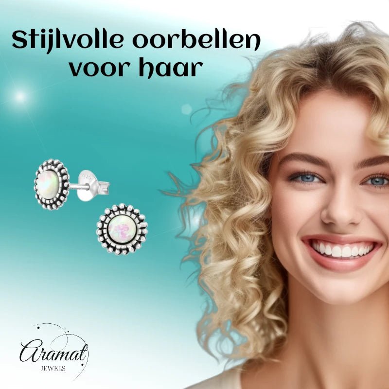 Oorstekers – Sterling Zilver Bali Etnisch Wit Opaal 8mm Geoxideerd - Aramat Jewels - Oorbellen - cadeautip