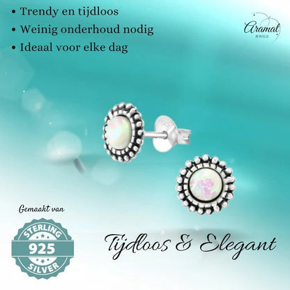 Oorstekers – Sterling Zilver Bali Etnisch Wit Opaal 8mm Geoxideerd - Aramat Jewels - Oorbellen - cadeautip