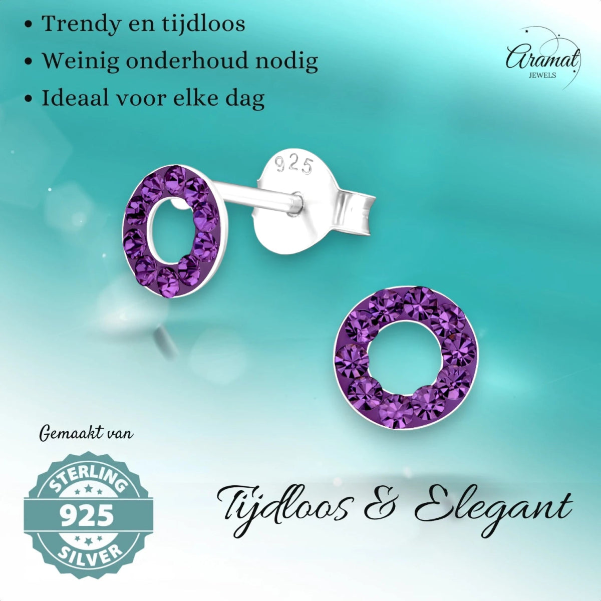 Open cirkel oorbellen paars kristal 925 zilver - Aramat Jewels - Oorbellen - cadeautip