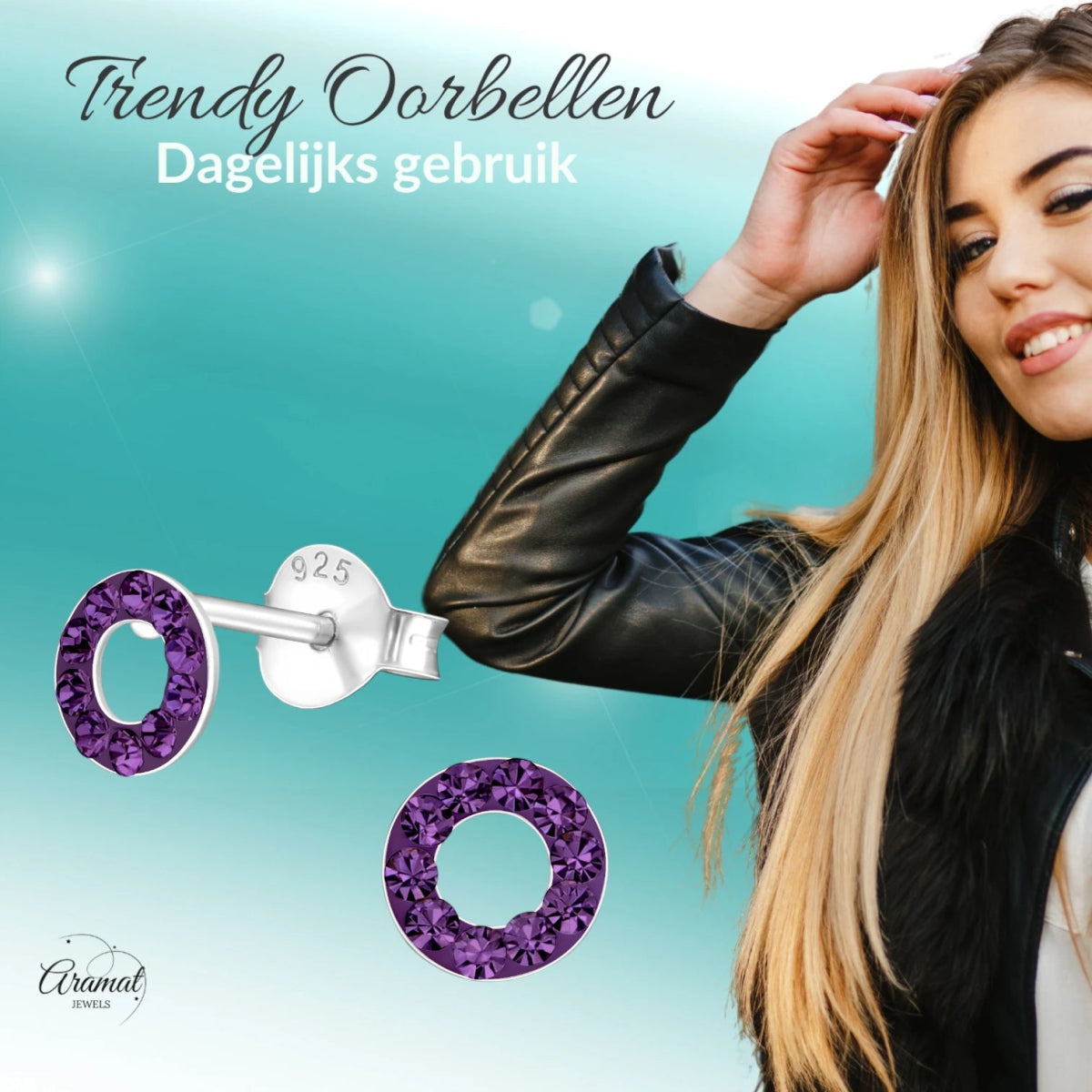 Open cirkel oorbellen paars kristal 925 zilver - Aramat Jewels - Oorbellen - cadeautip
