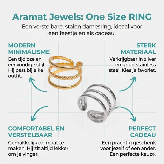 Open Ring Driedubbele Band: Glad en Gedraaid (15 mm Breed) - Aramat Jewels - Ringen - cadeautip