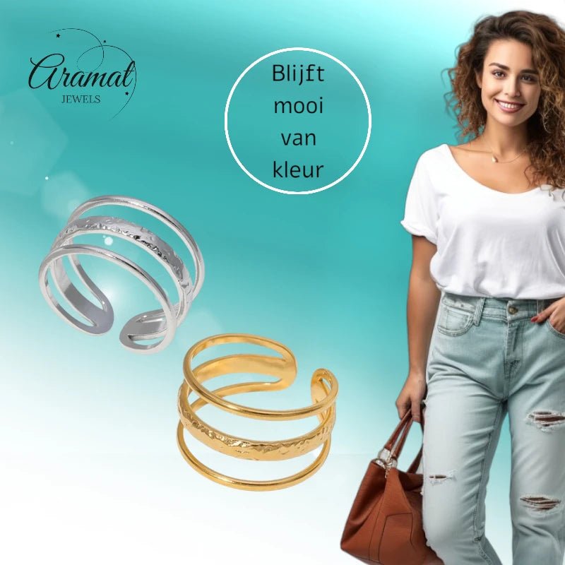 Open Ring Driedubbele Band: Glad en Gehamerd (15 mm RVS) - Aramat Jewels - Ringen - cadeautip