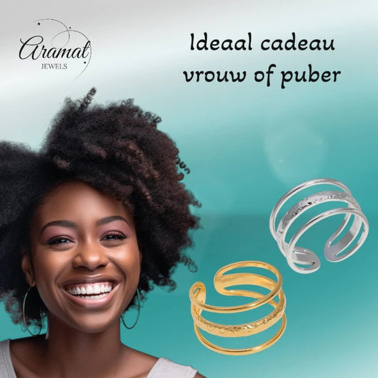 Open Ring Driedubbele Band: Glad en Gehamerd (15 mm RVS) - Aramat Jewels - Ringen - cadeautip