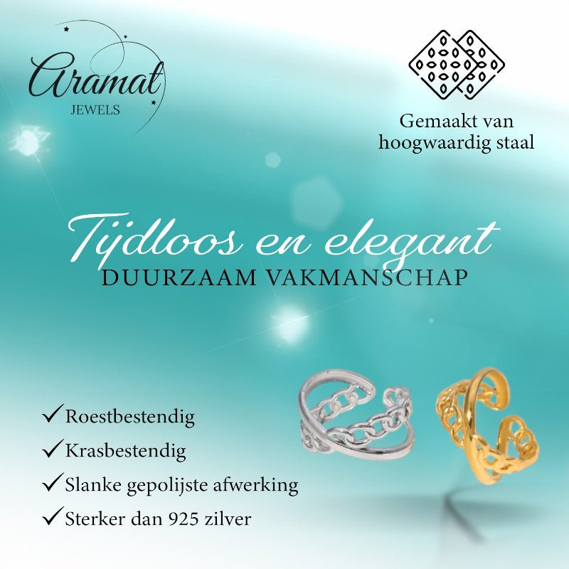 Open Ring Gekruist Motief: Glad en Schakel (RVS Verstelbaar) - Aramat Jewels - Ringen - cadeautip