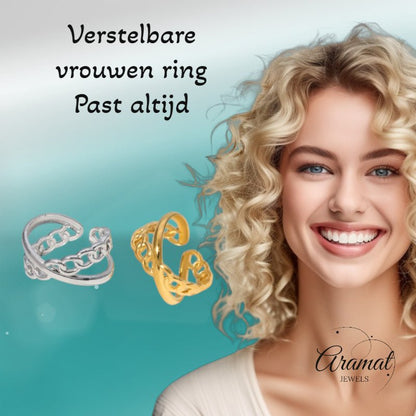 Open Ring Gekruist Motief: Glad en Schakel (RVS Verstelbaar) - Aramat Jewels - Ringen - cadeautip