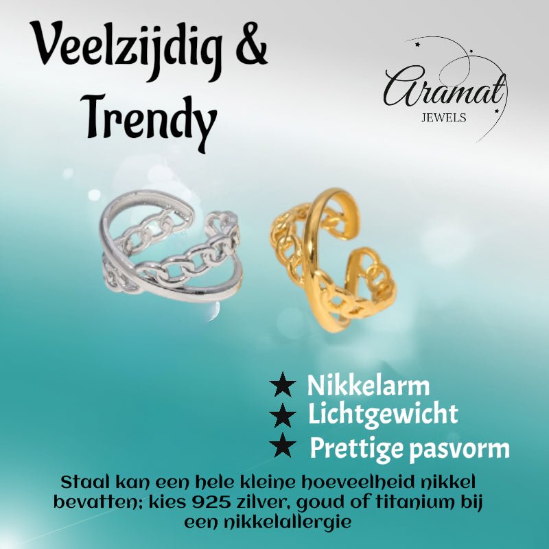 Open Ring Gekruist Motief: Glad en Schakel (RVS Verstelbaar) - Aramat Jewels - Ringen - cadeautip