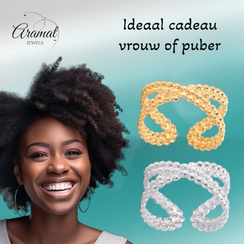 Open Ring Gekruiste Lijn met Bolletjes Reliëf (Verstelbaar RVS) - Aramat Jewels - Ringen - cadeautip