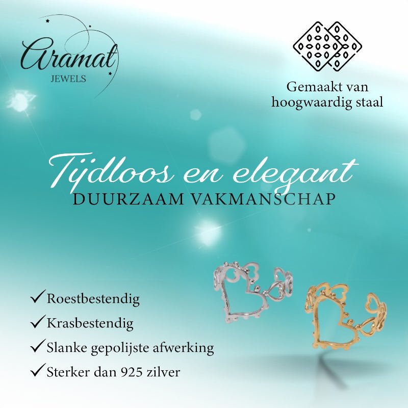 Open Ring Hartjes Schakel met Bolletjes Versiering (RVS Verstelbaar) - Aramat Jewels - Ringen - cadeautip
