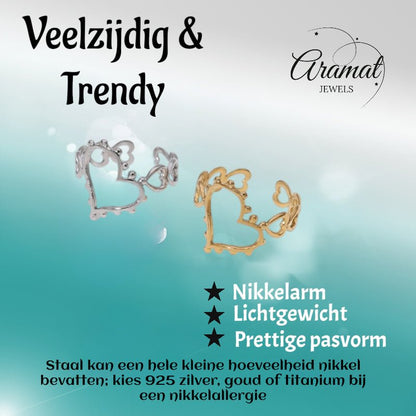Open Ring Hartjes Schakel met Bolletjes Versiering (RVS Verstelbaar) - Aramat Jewels - Ringen - cadeautip