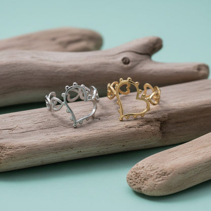 Open Ring Hartjes Schakel met Bolletjes Versiering (RVS Verstelbaar) - Aramat Jewels - Ringen - cadeautip