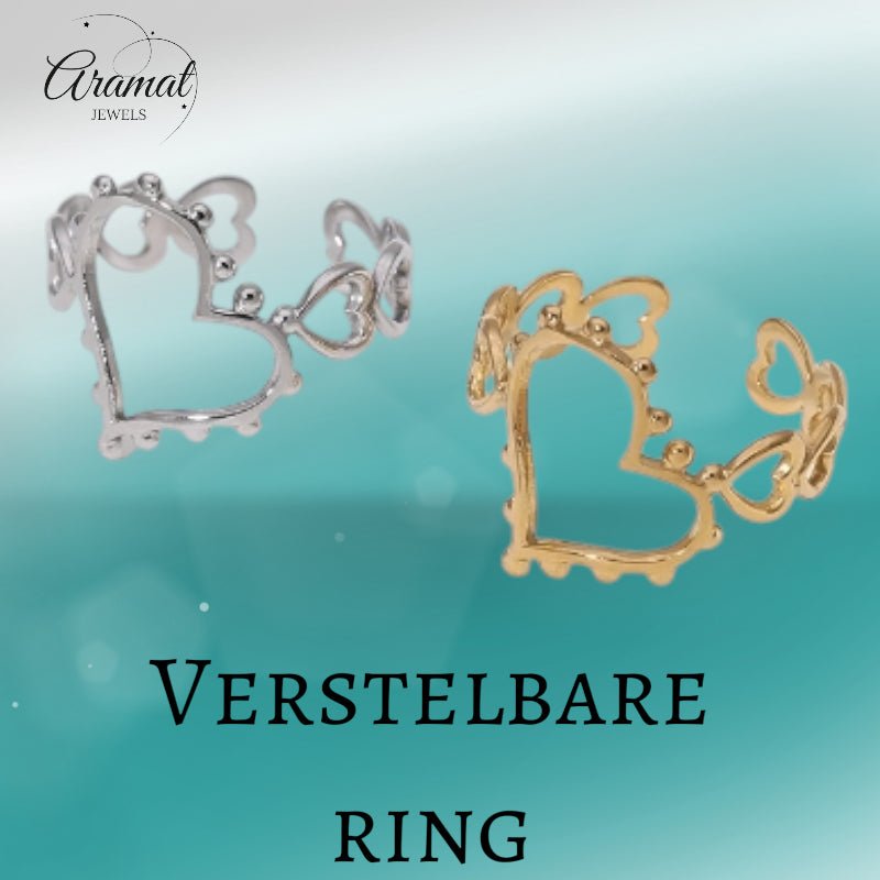 Open Ring Hartjes Schakel met Bolletjes Versiering (RVS Verstelbaar) - Aramat Jewels - Ringen - cadeautip