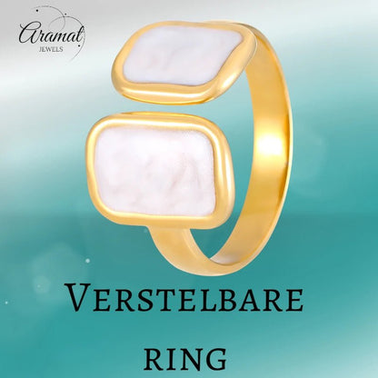 Open Ring RVS 2 Rechthoeken Emaille - 13mm - Parel Wit - Aramat Jewels - Ringen - cadeautip