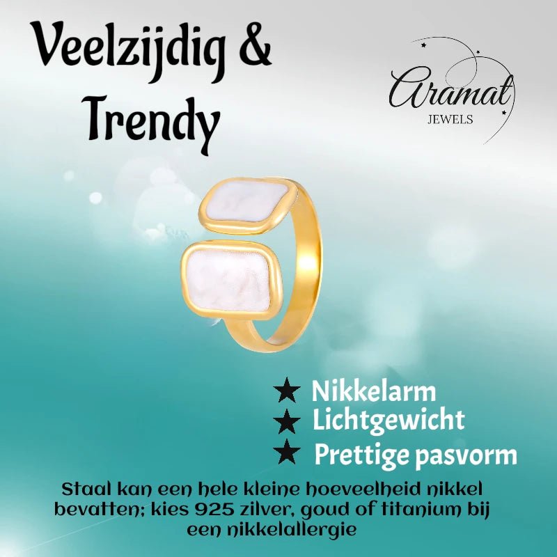 Open Ring RVS 2 Rechthoeken Emaille - 13mm - Parel Wit - Aramat Jewels - Ringen - cadeautip