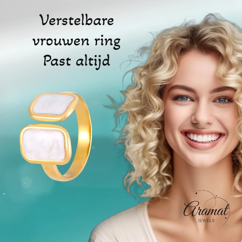 Open Ring RVS 2 Rechthoeken Emaille - 13mm - Parel Wit - Aramat Jewels - Ringen - cadeautip