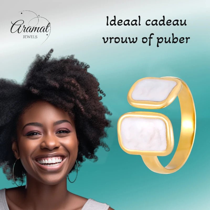 Open Ring RVS 2 Rechthoeken Emaille - 13mm - Parel Wit - Aramat Jewels - Ringen - cadeautip
