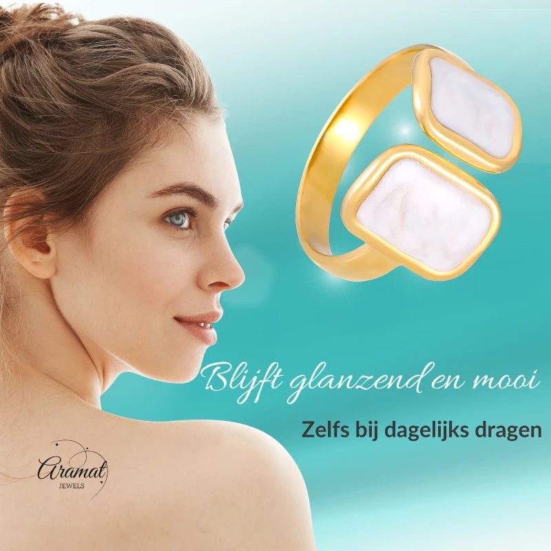 Open Ring RVS 2 Rechthoeken Emaille - 13mm - Parel Wit - Aramat Jewels - Ringen - cadeautip