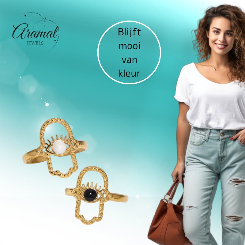 Open Ring RVS Hamsa Hand en Oog met Emaille (18 mm) - Aramat Jewels - Ringen - cadeautip
