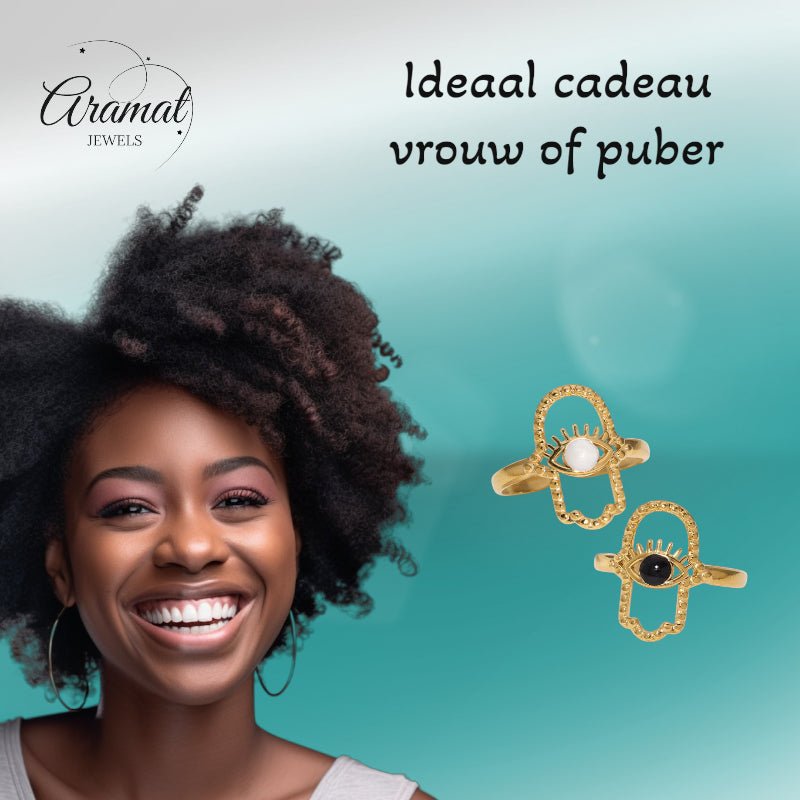 Open Ring RVS Hamsa Hand en Oog met Emaille (18 mm) - Aramat Jewels - Ringen - cadeautip