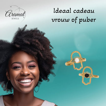 Open Ring RVS Hamsa Hand en Oog met Emaille (18 mm) - Aramat Jewels - Ringen - cadeautip