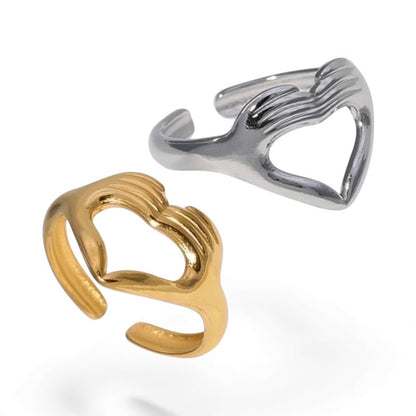 Open Ring RVS Hart met Handen Symbool (14 mm Breed) - Aramat Jewels - Ringen - cadeautip