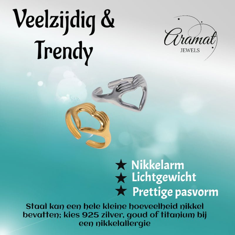Open Ring RVS Hart met Handen Symbool (14 mm Breed) - Aramat Jewels - Ringen - cadeautip